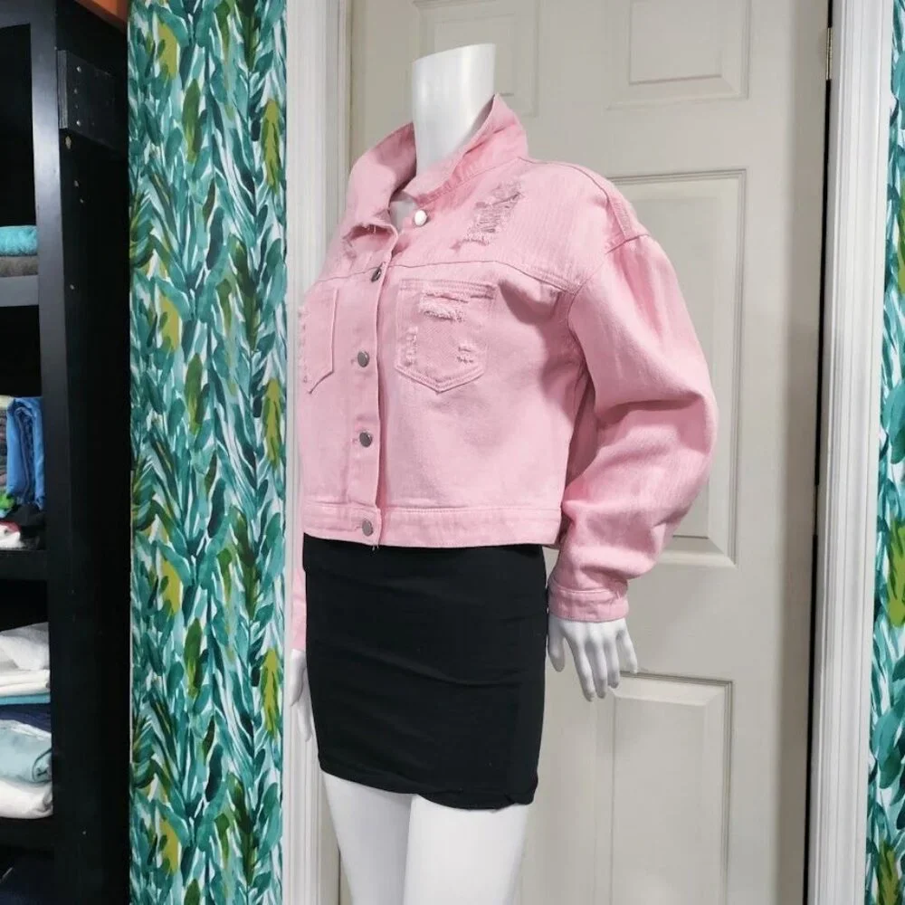 Veveret Cowboy Carter Prairie Coachella Crop Distressed Fringe Jacket Pink Small - Picture 3 of 13